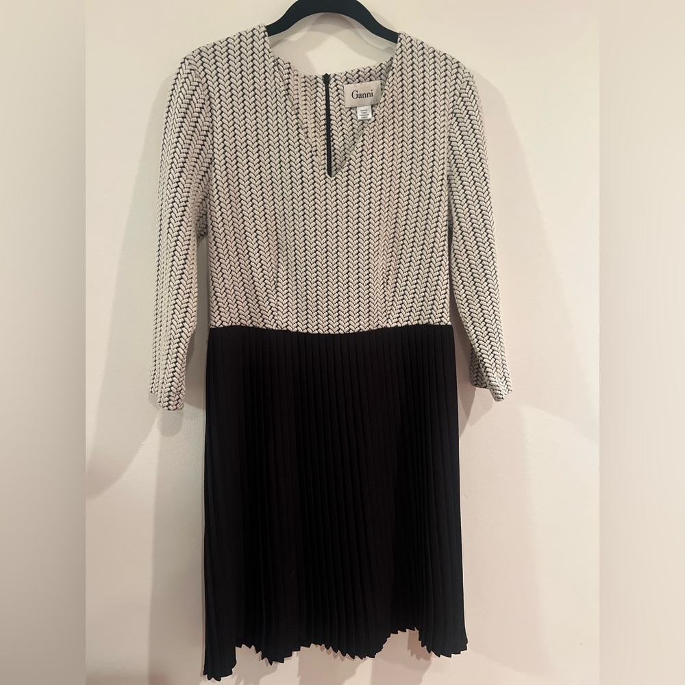 Anthropologie Ganni Dress Cross Knit Top Pleated Skirt Stretch Size S